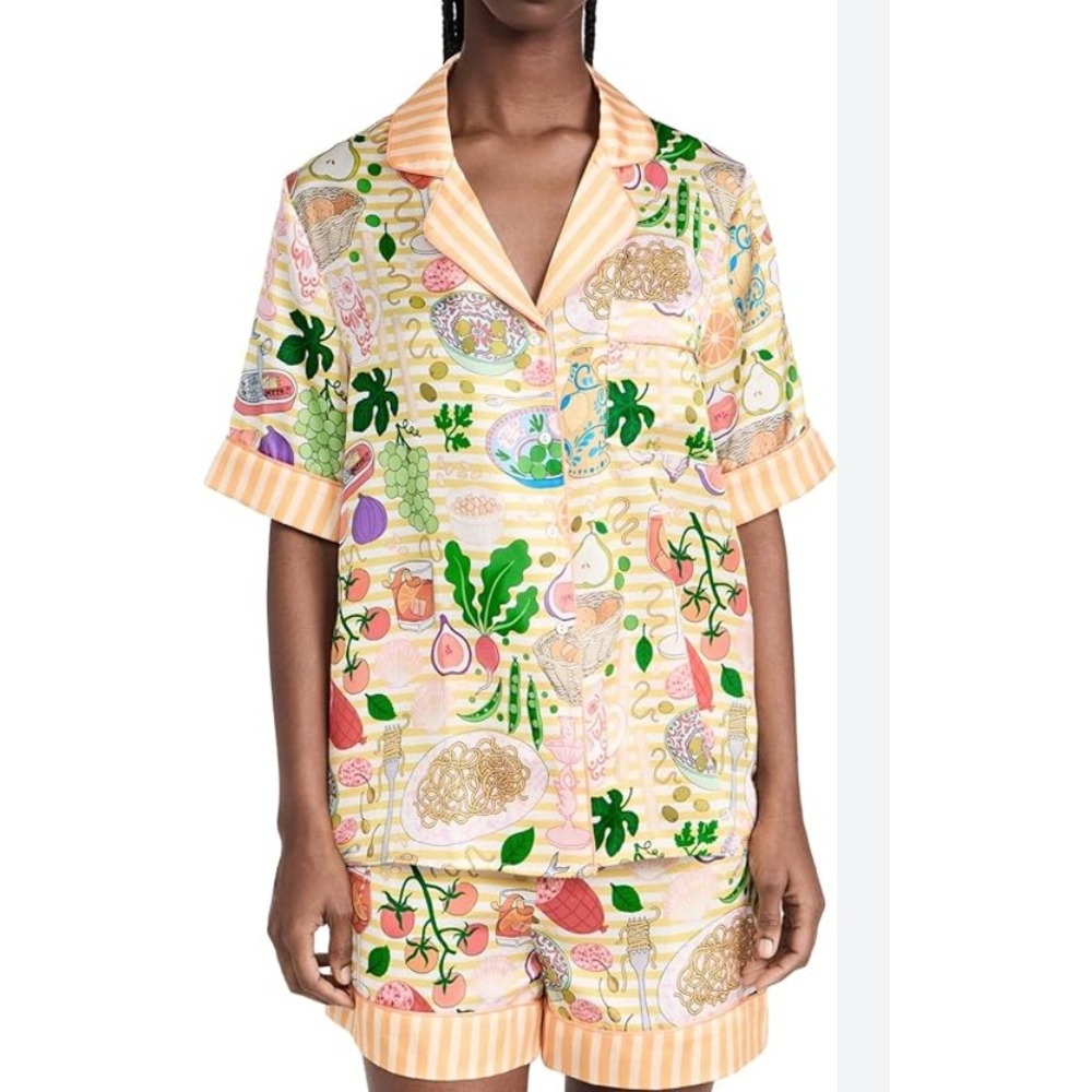 NWT  Karen Mabon Italian Food Print Pajama Set Top‎ Shorts Women's Medium